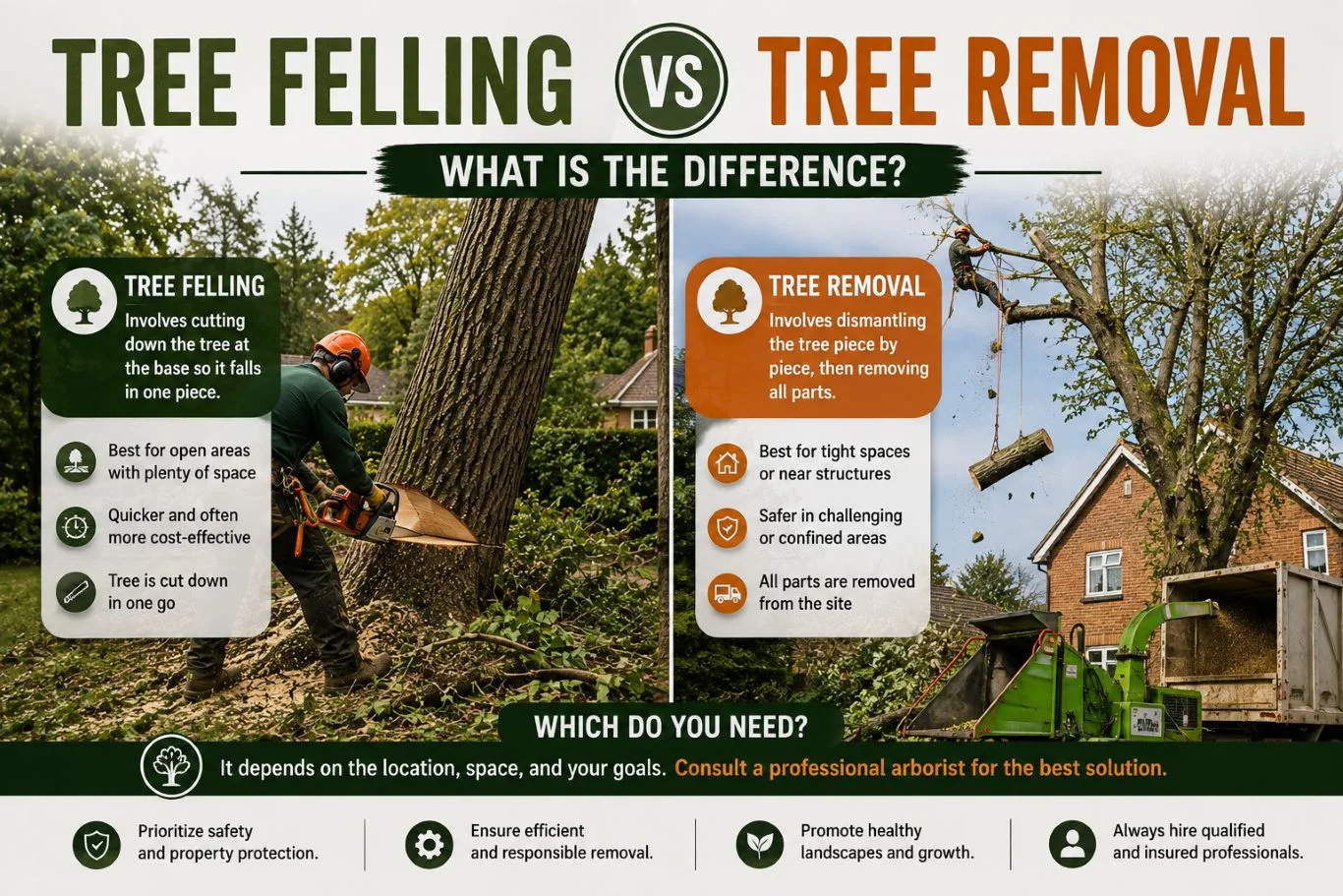 Tree felling vs tree removal comparison showing a tree being cut down at the base for felling and a tree being dismantled piece by piece for removal, with key differences based on available space, location, safety, and removal requirements.