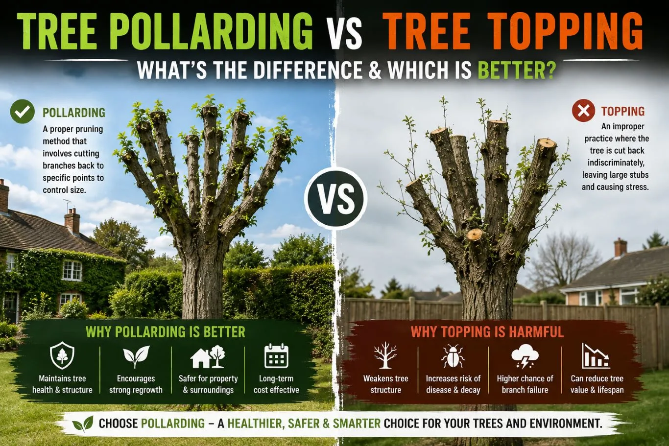 Tree pollarding vs tree topping comparison showing a correctly pollarded tree beside an improperly topped tree, highlighting the differences in pruning methods, tree health, structural strength, regrowth, safety, and long-term landscape benefits.