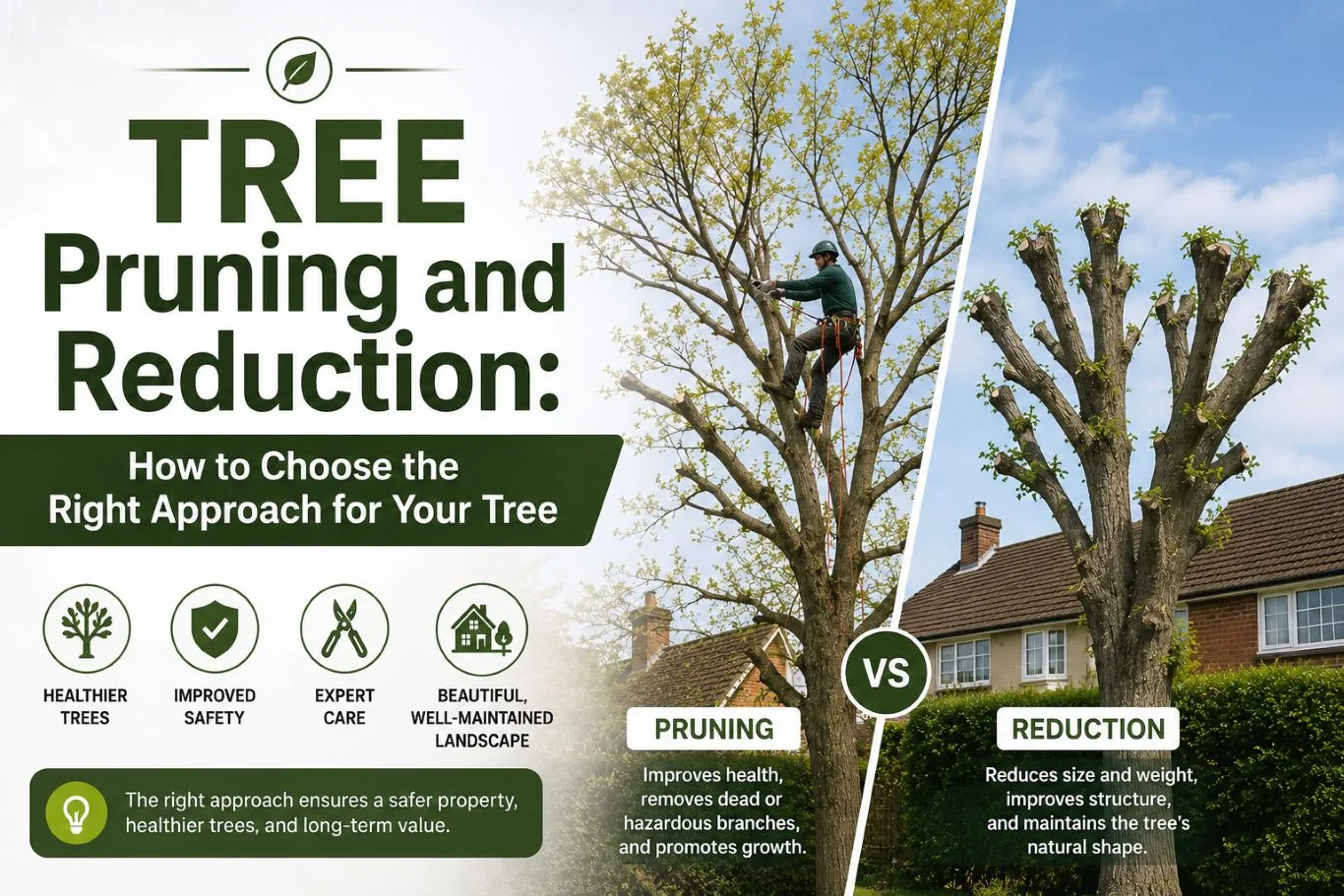 Tree pruning and reduction in a residential garden, comparing professional pruning to crown reduction to show how each approach improves tree health, safety, structure, growth and the surrounding landscape.