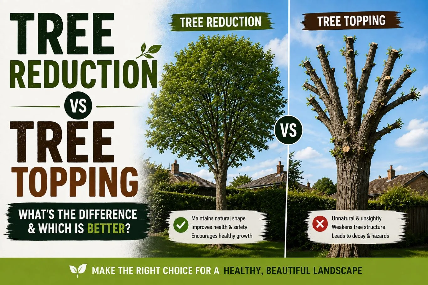 Tree reduction vs tree topping comparison showing a professionally reduced tree with its natural shape preserved beside a severely topped tree, highlighting the differences in appearance, tree health, structural integrity, and long-term growth outcomes.