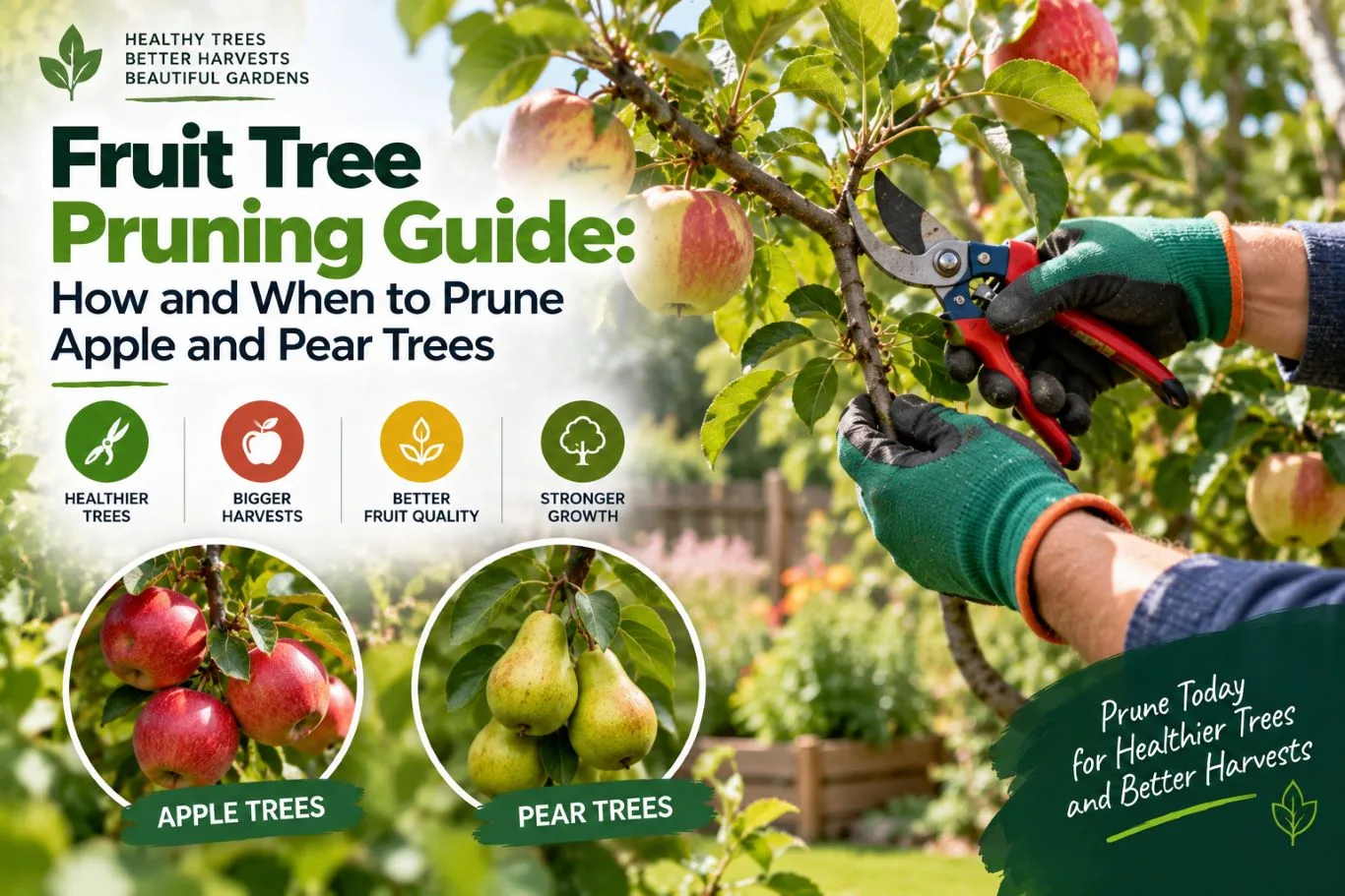 Featured blog guide banner on fruit tree pruning, showing a gardener using bypass secateurs on an apple tree branch with inset photos of apples and pears.