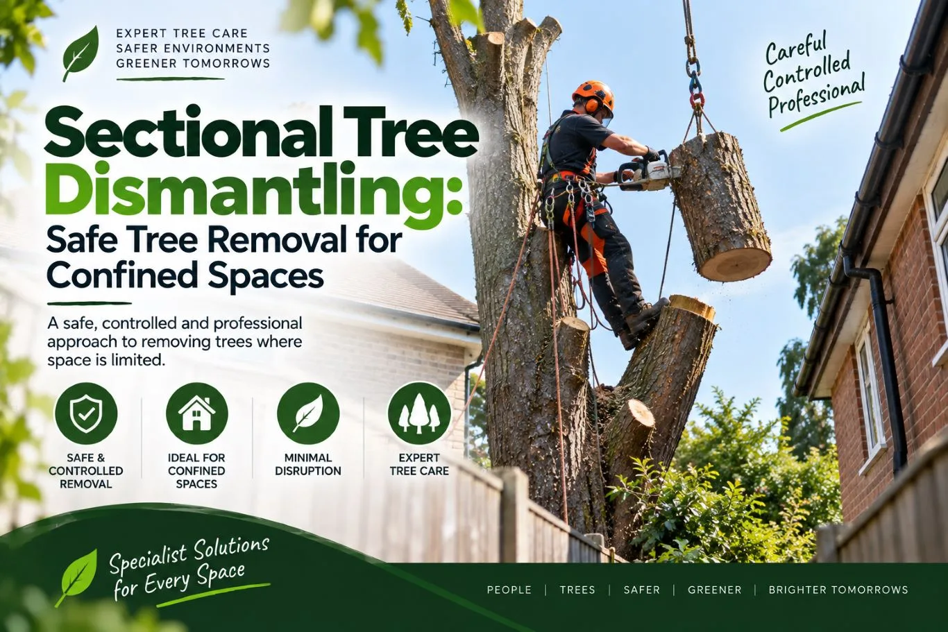 Featured blog banner illustrating sectional tree dismantling with an arborist safely lowering a cut trunk section between residential buildings using rigging lines.