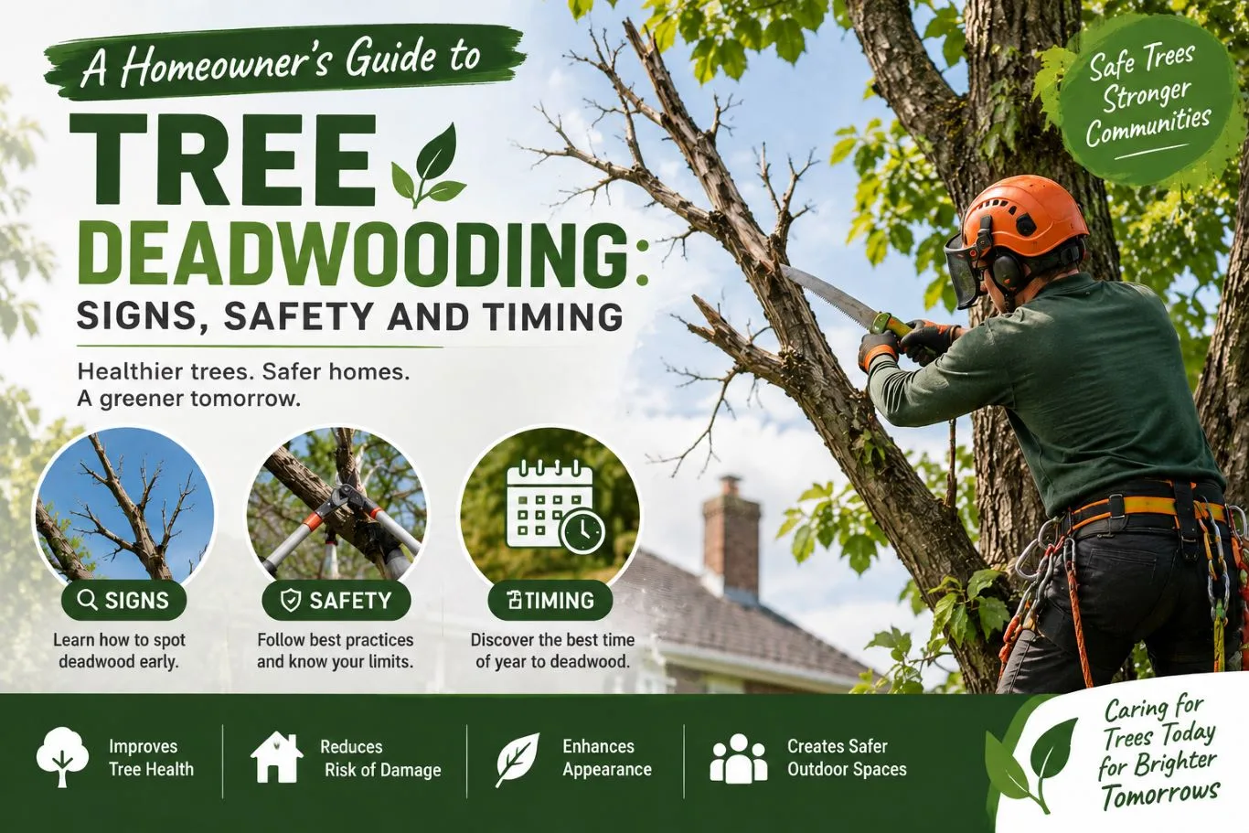 Tree deadwooding performed by a professional arborist removing dead branches from a tree, with guidance on identifying deadwood, safety, timing, and improving tree health and reducing property risks.