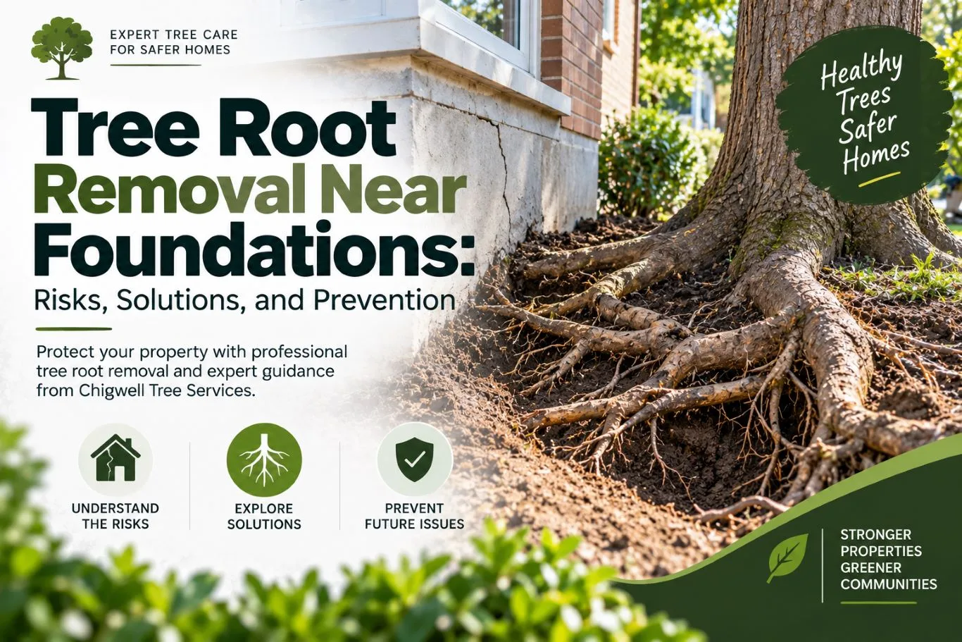 Tree root removal near foundations showing exposed tree roots growing beside a residential property foundation, highlighting risks and prevention.