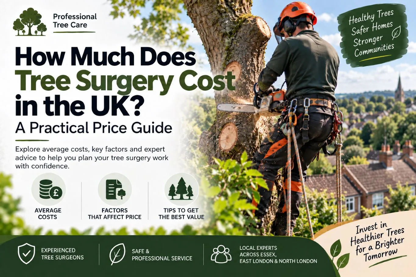 Tree surgery cost guide featuring a professional tree surgeon using a chainsaw to safely remove a tree in the UK.