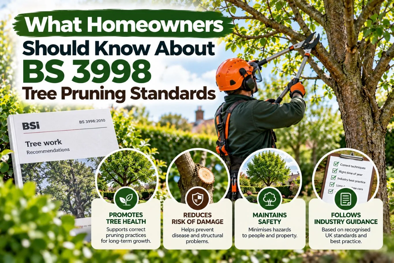 Featured blog guide banner explaining BS 3998 tree pruning standards, showing an arborist in protective gear using a pole lopper to prune tree branches alongside BSI guidance icons.