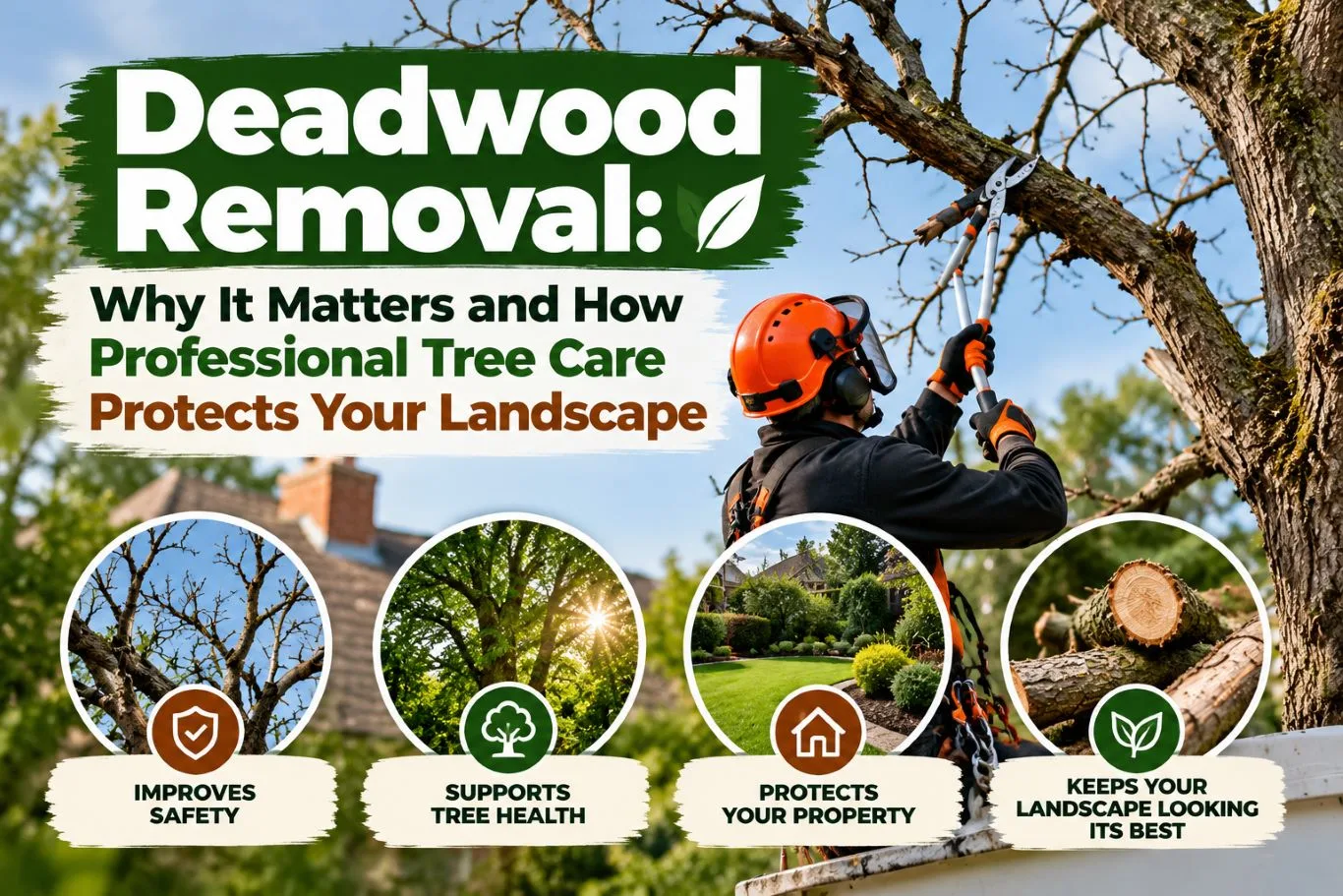 Featured blog guide banner on deadwood removal, showing an arborist in safety gear using telescopic loppers to prune dead branches from a tree canopy.