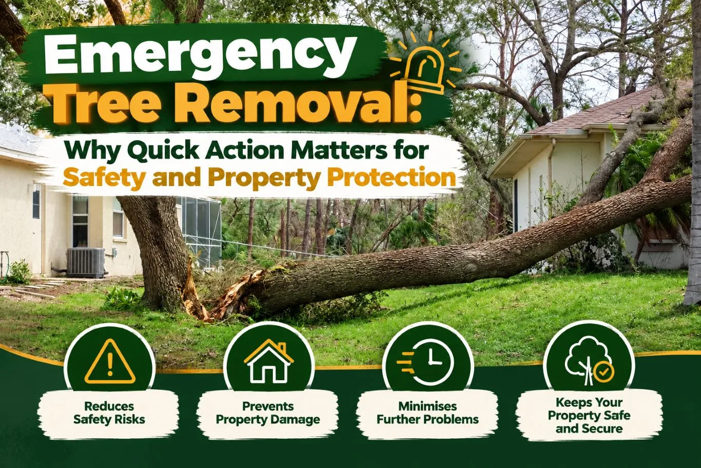 Featured blog guide banner on emergency tree removal, showing a storm-damaged tree fallen across a residential lawn and house roof alongside property protection icons.
