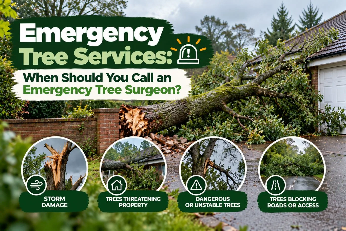 Featured blog guide banner on emergency tree services, showing a storm-damaged tree fallen across a brick wall and residential driveway alongside emergency tree surgeon guidance icons.