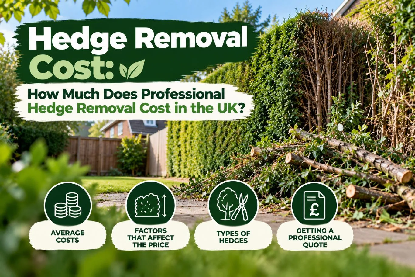 Featured blog pricing guide banner on hedge removal cost in the UK, showing cut branches and felled woody shrubs beside a garden border lawn alongside cost consideration icons.