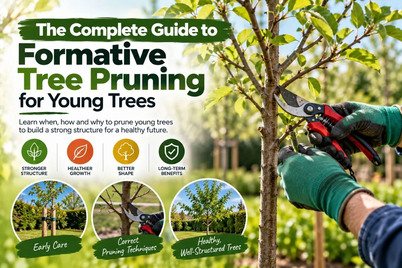 Featured blog guide banner on formative tree pruning, showing a gardener using bypass secateurs to trim a young sapling alongside early tree care tips.
