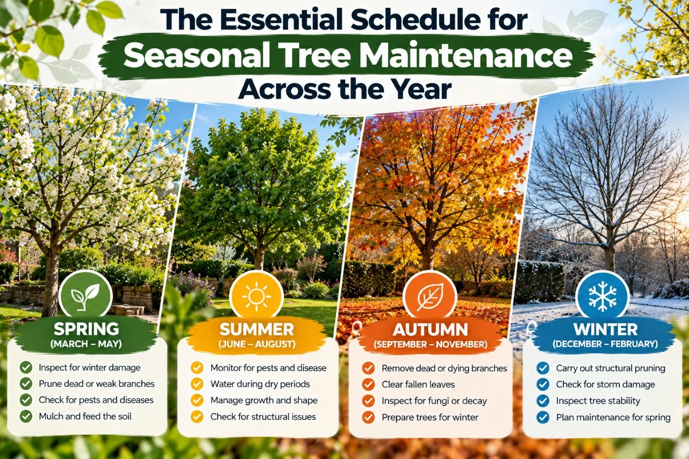 Featured blog guide banner detailing seasonal tree maintenance across spring, summer, autumn, and winter, showing the transformation of trees throughout the four seasons.