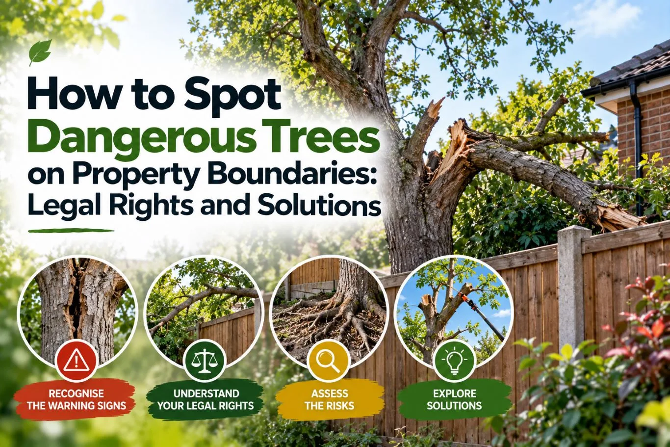Featured blog guide banner on spotting dangerous trees on property boundaries, showing a storm-damaged tree branch leaning over a residential garden fence.