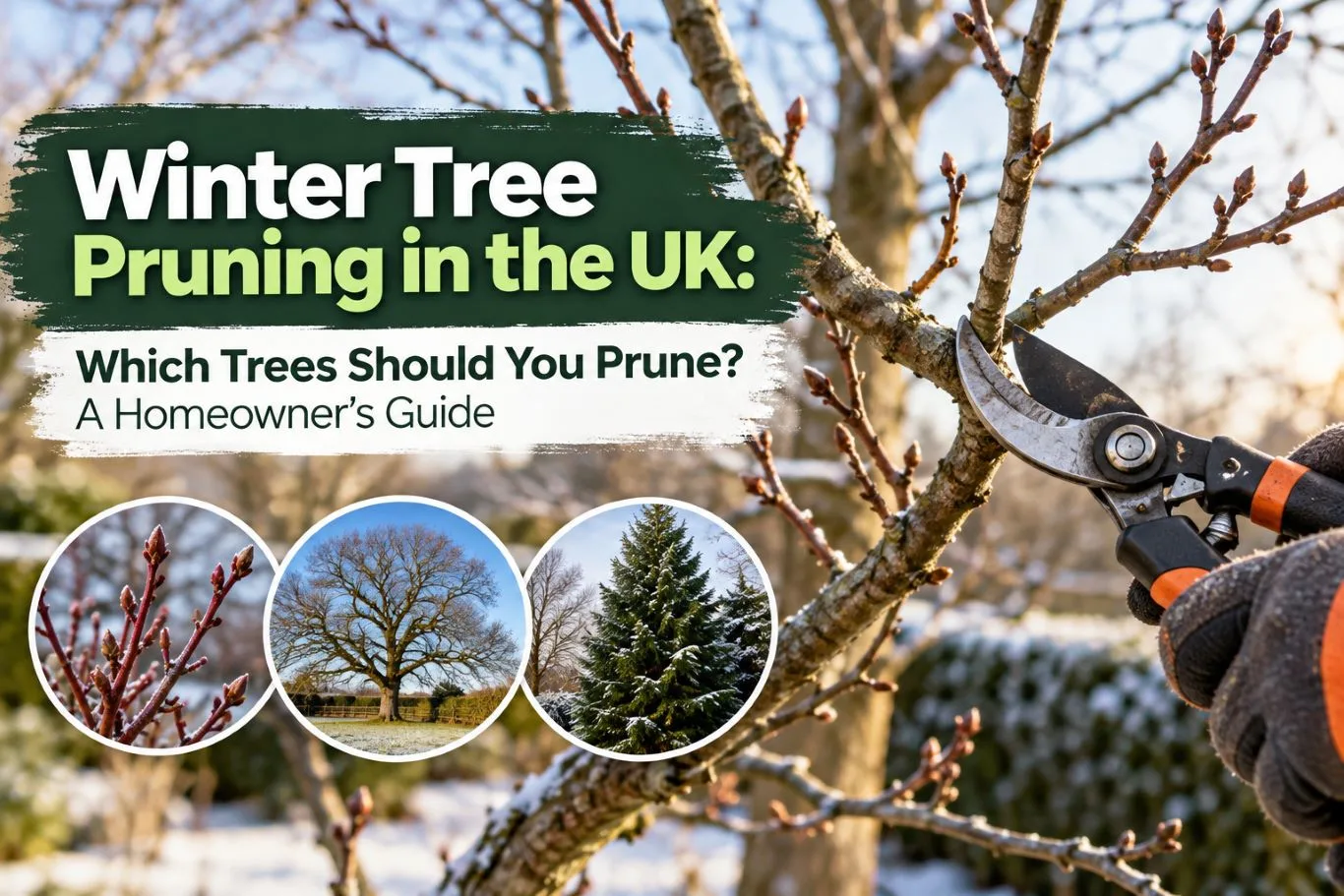 Featured blog guide banner on winter tree pruning in the UK, showing secateurs trimming a dormant tree branch in a snowy winter garden with inset circular photos of trees.