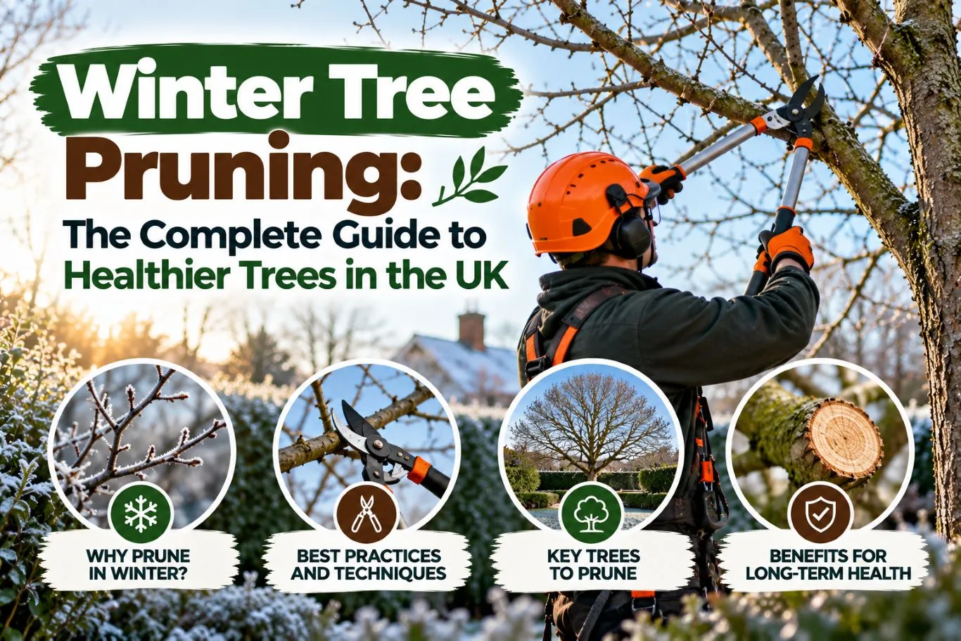Featured blog guide banner on winter tree pruning, showing an arborist in safety gear using telescopic loppers to trim dormant branches on a frosty day.